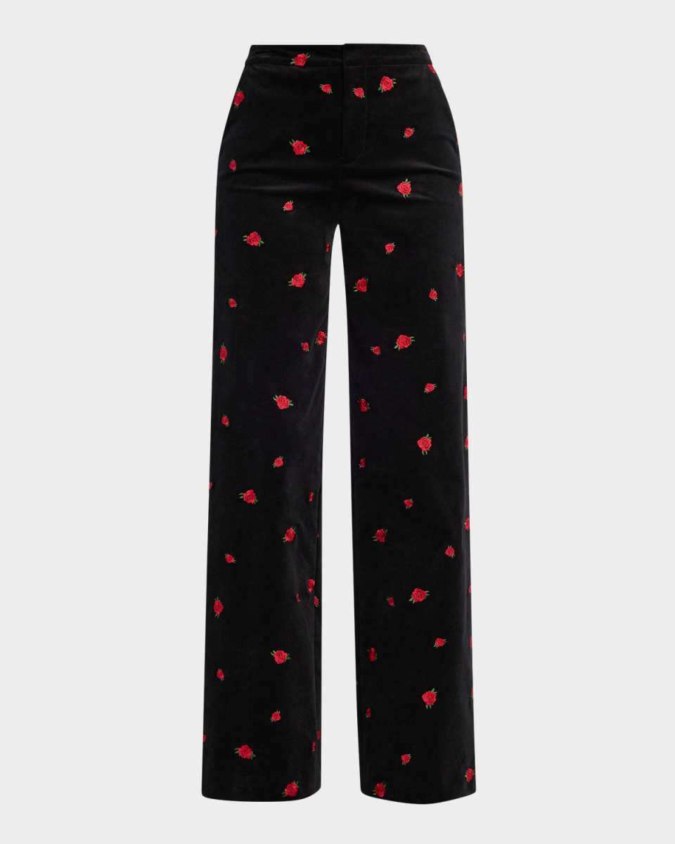 Rose Embroidered Livvy Straight-Leg Velvet Pants